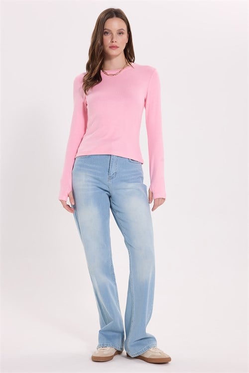 Kadın Slim Fit Dar Kesim Pamuklu Ultra Soft Bisiklet Yaka Modal Pembe Bluz
