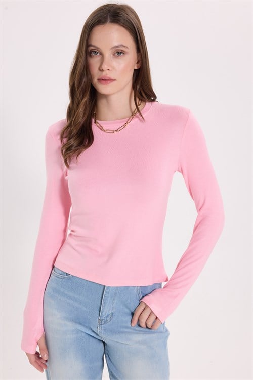 Kadın Slim Fit Dar Kesim Pamuklu Ultra Soft Bisiklet Yaka Modal Pembe Bluz