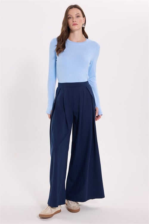 Kadın Slim Fit Dar Kesim Pamuklu Ultra Soft Bisiklet Yaka Modal Mavi Bluz