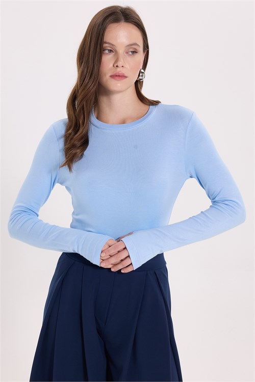 Kadın Slim Fit Dar Kesim Pamuklu Ultra Soft Bisiklet Yaka Modal Mavi Bluz