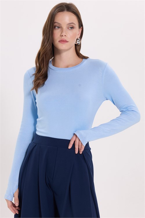 Kadın Slim Fit Dar Kesim Pamuklu Ultra Soft Bisiklet Yaka Modal Mavi Bluz