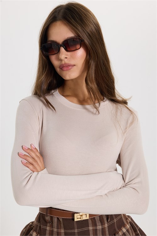 Kadın Slim Fit Dar Kesim Pamuklu Ultra Soft Bisiklet Yaka Modal Bej Bluz