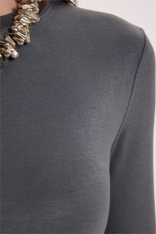 Kadın Slim Fit Dar Kesim Pamuklu Ultra Soft Bisiklet Yaka Modal Antrasit Bluz