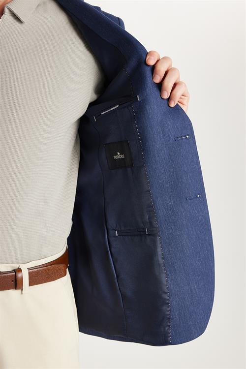 Erkek Slim Fit Mono Yaka Çift Yırtmaçlı Casual İndigo Tek Ceket