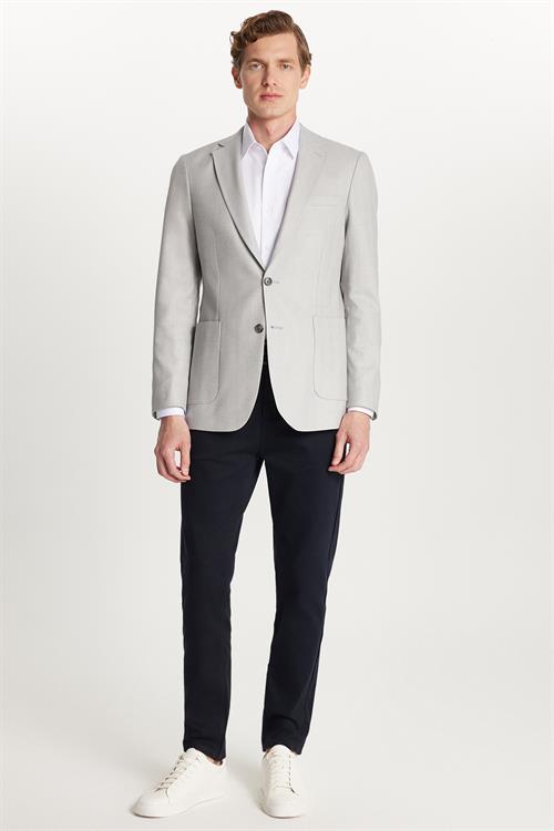 Erkek Slim Fit Mono Yaka Çift Yırtmaçlı Casual Gri Tek Ceket