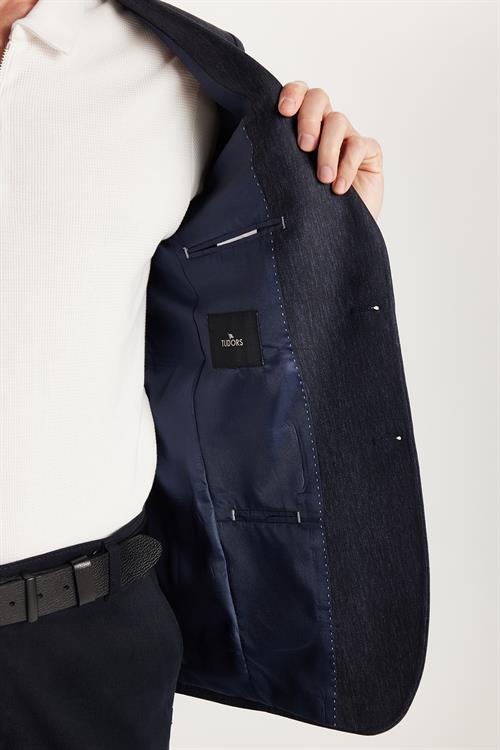 Erkek Slim Fit Mono Yaka Çift Yırtmaçlı Casual Lacivert Tek Ceket
