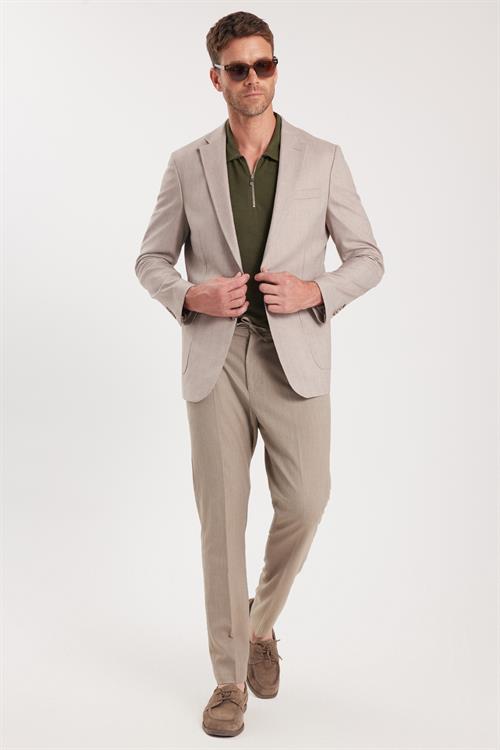 Erkek Slim Fit Mono Yaka Çift Yırtmaçlı Casual Bej Tek Ceket