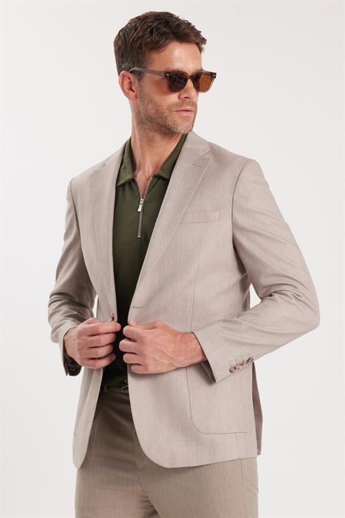 Erkek Slim Fit Mono Yaka Çift Yırtmaçlı Casual Bej Tek Ceket