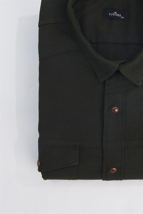 Erkek Big Size Büyük Beden Uzun Kollu Denim Kot Yıkamalı Çift Cepli Armürlü Haki Gömlek