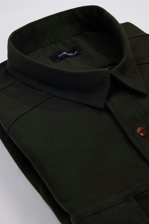 Erkek Big Size Büyük Beden Uzun Kollu Denim Kot Yıkamalı Çift Cepli Armürlü Haki Gömlek