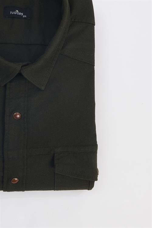 Erkek Big Size Büyük Beden Uzun Kollu Denim Kot Yıkamalı Çift Cepli Armürlü Haki Gömlek