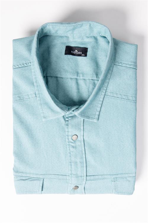 Büyük Beden Uzun Kollu Yıkamalı Çift Cepli Armürlü Denim Kot Mint Erkek Gömlek