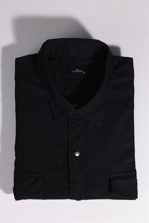 Büyük Beden Uzun Kollu Yıkamalı Çift Cepli Armürlü Denim Kot Siyah Erkek Gömlek