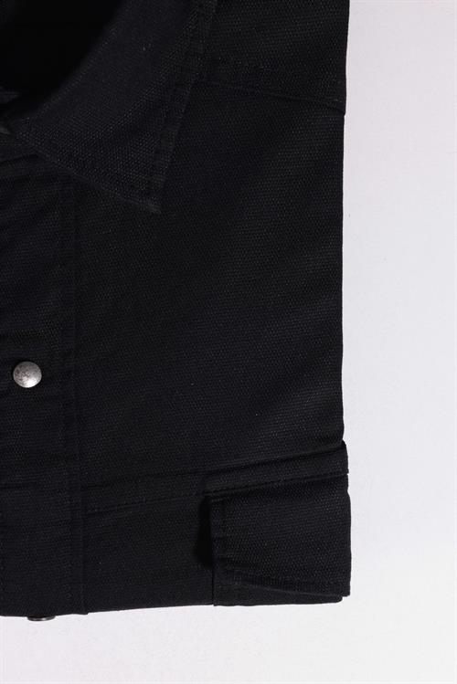 Büyük Beden Uzun Kollu Yıkamalı Çift Cepli Armürlü Denim Kot Siyah Erkek Gömlek