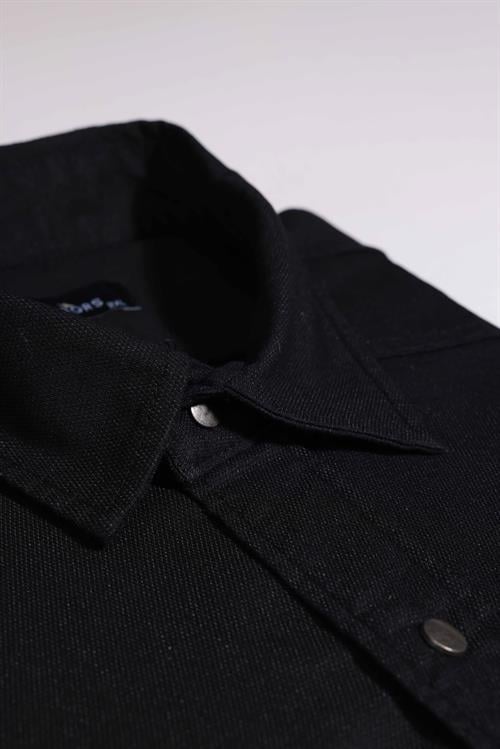 Büyük Beden Uzun Kollu Yıkamalı Çift Cepli Armürlü Denim Kot Siyah Erkek Gömlek