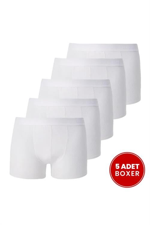 Erkek 5li Pamuklu Likralı Esnek Kumaş Beyaz Boxer
