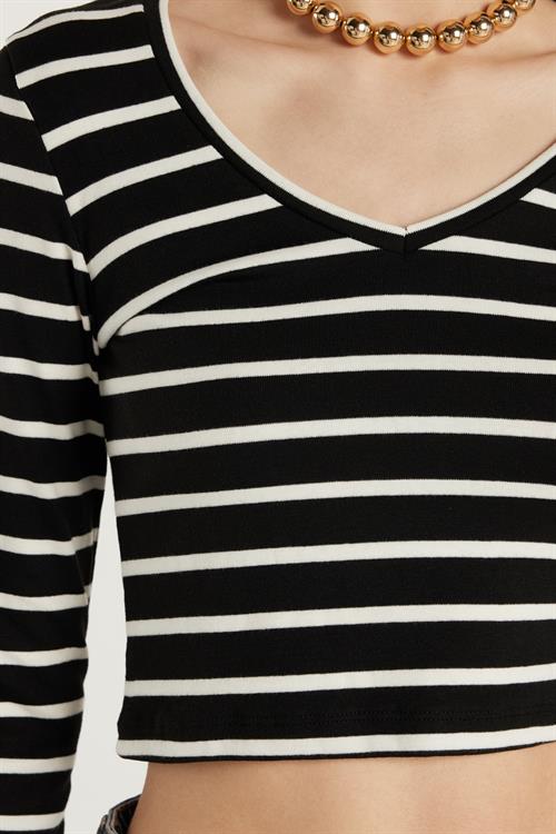 Kadın Slim Fit Dar Kesim Uzun Kollu Bisiklet Yaka Çizgili Bluz