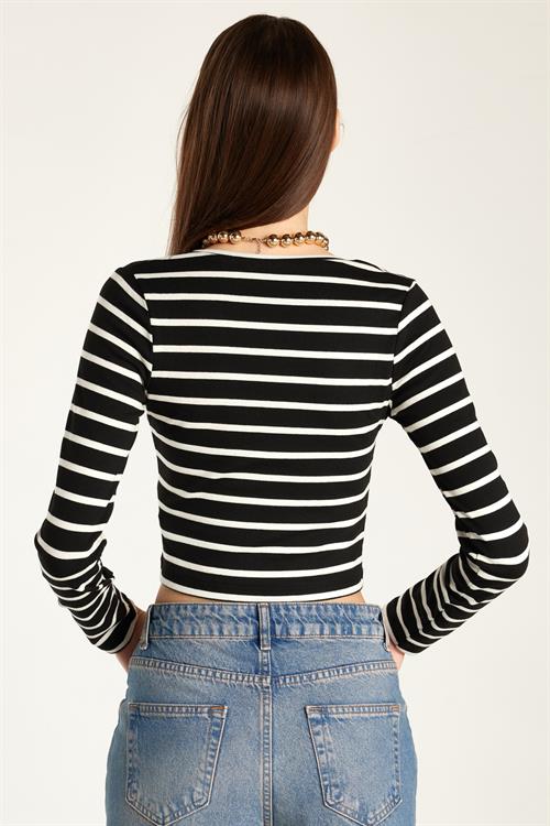 Kadın Slim Fit Dar Kesim Uzun Kollu Bisiklet Yaka Çizgili Bluz