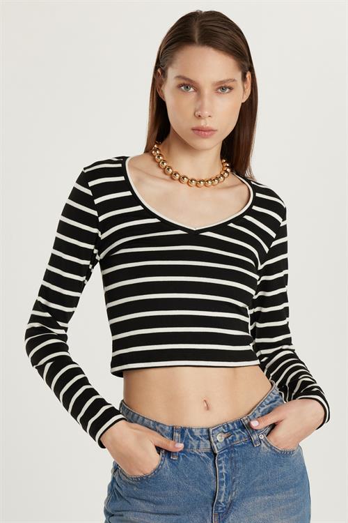 Kadın Slim Fit Dar Kesim Uzun Kollu Bisiklet Yaka Çizgili Bluz