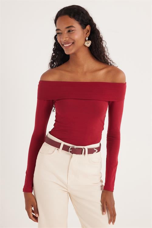 Kadın Slim Fit Dar Kesim Uzun Kol Kayık Yaka Bordo Bluz