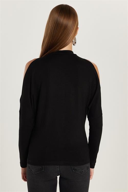 Kadın Slim Fit Dar Kesim Boğazlı Omuz Detaylı Siyah Bluz