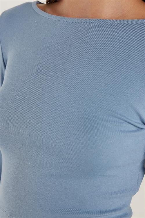 Kadın Slim Fit Dar Kesim Modal Kumaş Uzun Kollu Bisiklet Yaka Açık Mavi Bluz