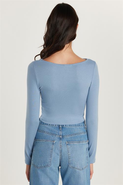 Kadın Slim Fit Dar Kesim Modal Kumaş Uzun Kollu Bisiklet Yaka Açık Mavi Bluz