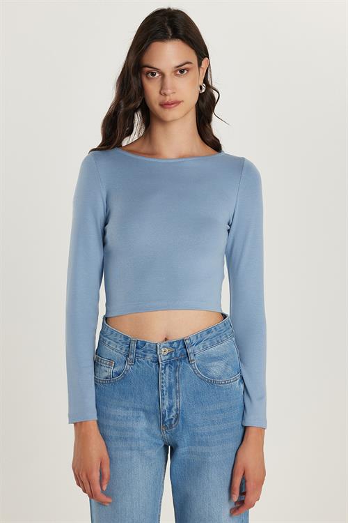 Kadın Slim Fit Dar Kesim Modal Kumaş Uzun Kollu Bisiklet Yaka Açık Mavi Bluz