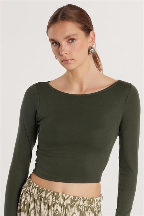 Kadın Slim Fit Dar Kesim Modal Kumaş Uzun Kollu Bisiklet Yaka Haki Bluz
