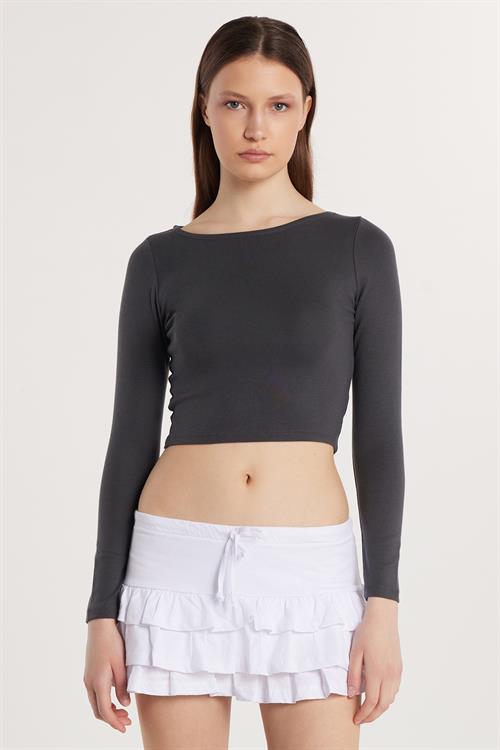 Kadın Slim Fit Dar Kesim Modal Kumaş Uzun Kollu Bisiklet Yaka Antrasit Bluz