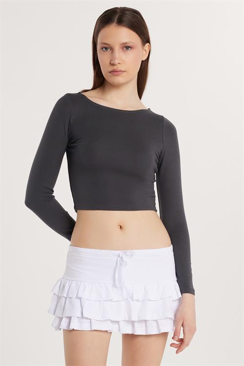 Kadın Slim Fit Dar Kesim Modal Kumaş Uzun Kollu Bisiklet Yaka Antrasit Bluz