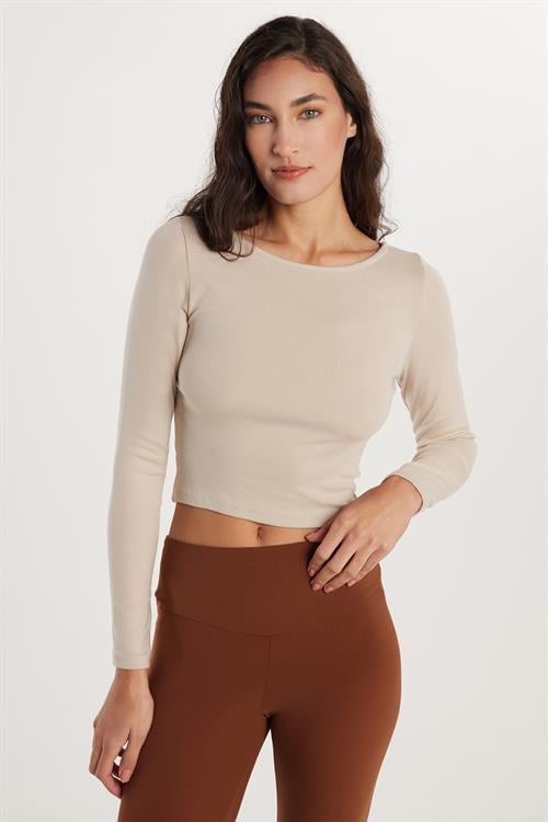 Kadın Slim Fit Dar Kesim Modal Kumaş Uzun Kollu Bisiklet Yaka Taş Rengi Bluz