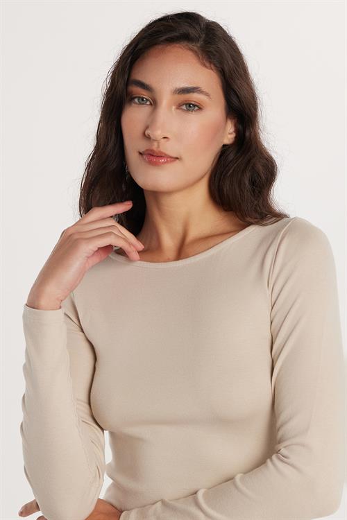 Kadın Slim Fit Dar Kesim Modal Kumaş Uzun Kollu Bisiklet Yaka Taş Rengi Bluz