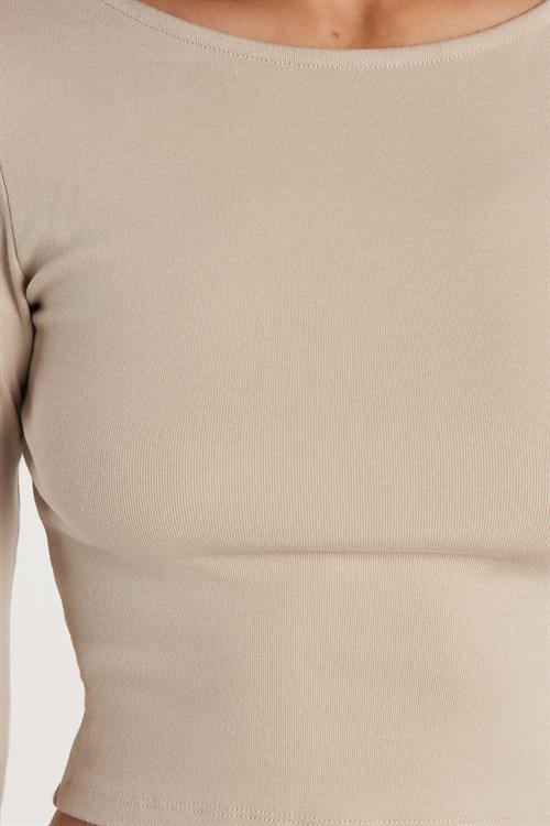 Kadın Slim Fit Dar Kesim Modal Kumaş Uzun Kollu Bisiklet Yaka Taş Rengi Bluz