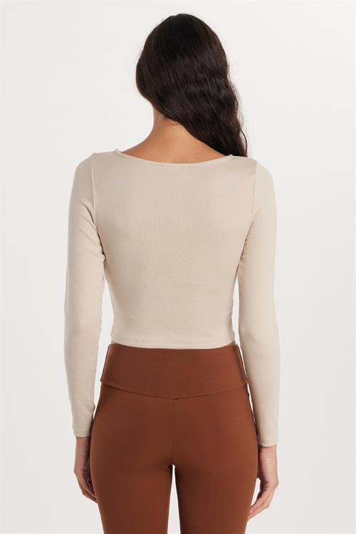 Kadın Slim Fit Dar Kesim Modal Kumaş Uzun Kollu Bisiklet Yaka Taş Rengi Bluz
