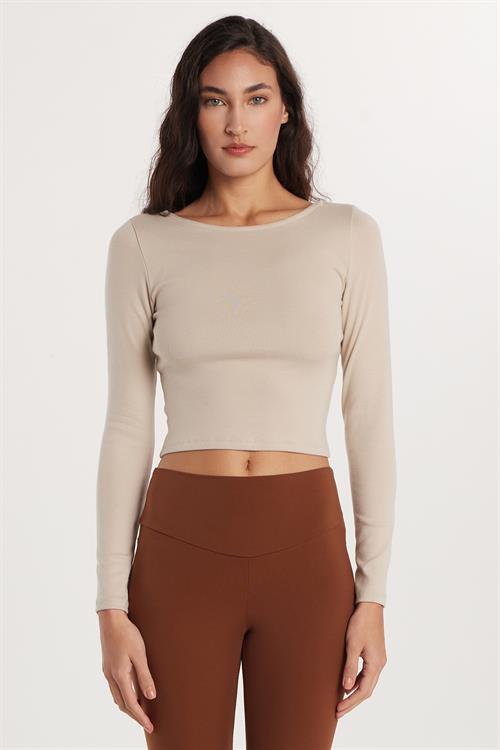 Kadın Slim Fit Dar Kesim Modal Kumaş Uzun Kollu Bisiklet Yaka Taş Rengi Bluz