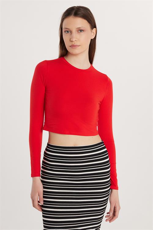 Kadın Slim Fit Pamuklu Düz Bisiklet Yaka Kırmızı Bluz