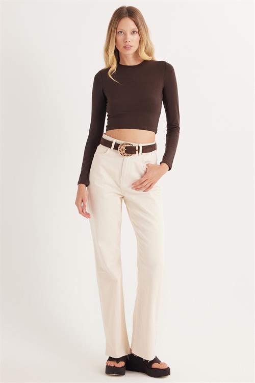 Kadın Slim Fit Pamuklu Düz Bisiklet Yaka Kahverengi Bluz