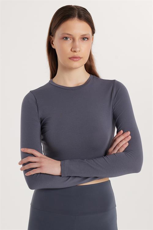 Kadın Slim Fit Pamuklu Düz Bisiklet Yaka Antrasit Bluz