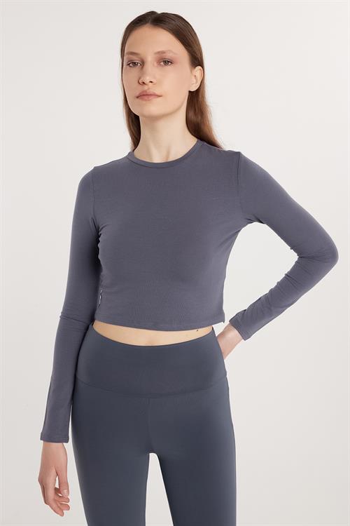 Kadın Slim Fit Pamuklu Düz Bisiklet Yaka Antrasit Bluz