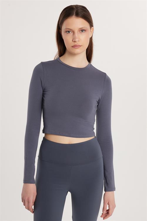 Kadın Slim Fit Pamuklu Düz Bisiklet Yaka Antrasit Bluz