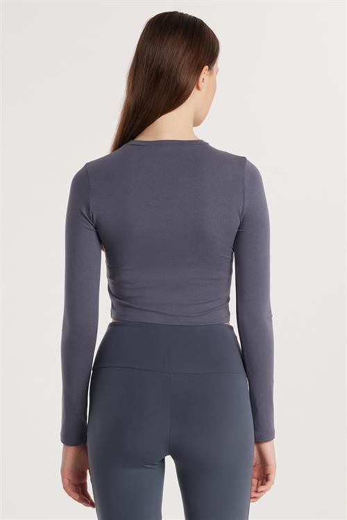 Kadın Slim Fit Pamuklu Düz Bisiklet Yaka Antrasit Bluz