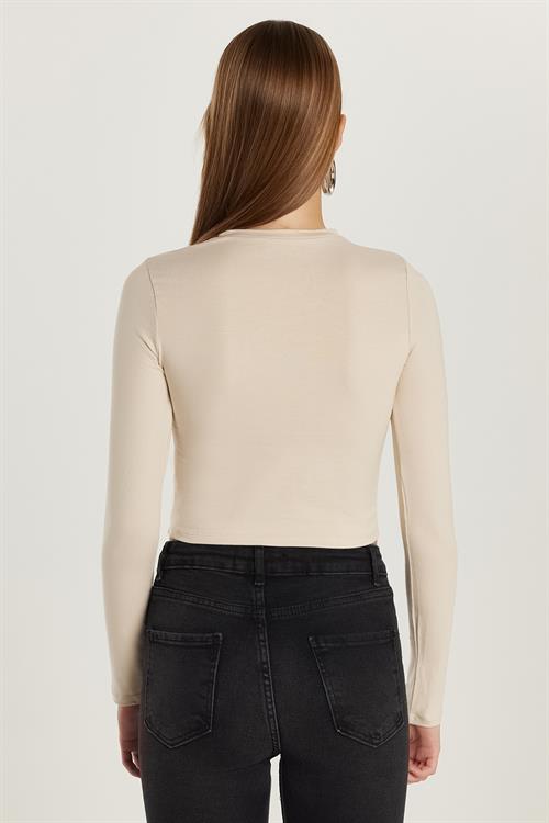 Kadın Slim Fit Pamuklu Düz Bisiklet Yaka Taş Bluz