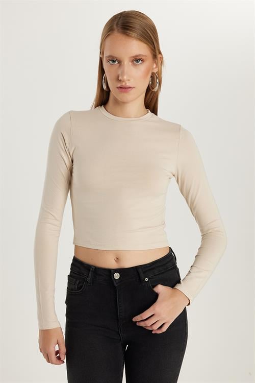Kadın Slim Fit Pamuklu Düz Bisiklet Yaka Taş Bluz