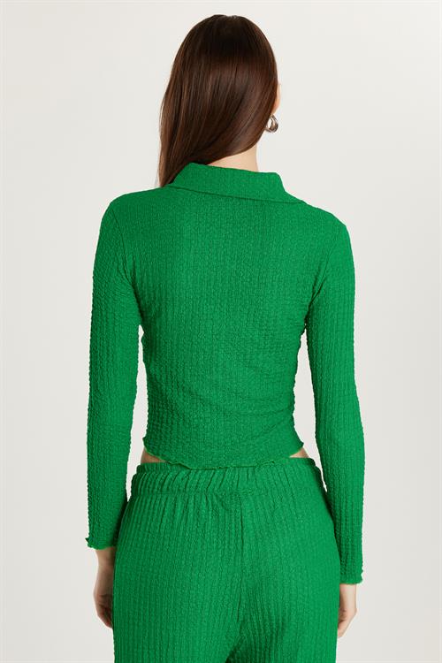 Kadın Slim Fit Dar Kesim Uzun Kollu Dokulu Yeşil Gömlek