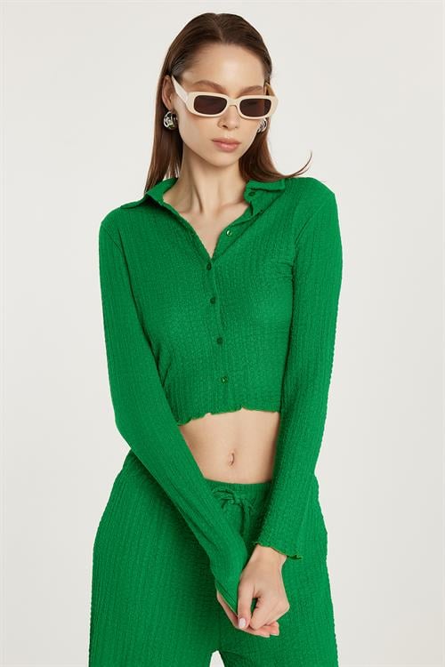 Kadın Slim Fit Dar Kesim Uzun Kollu Dokulu Yeşil Gömlek