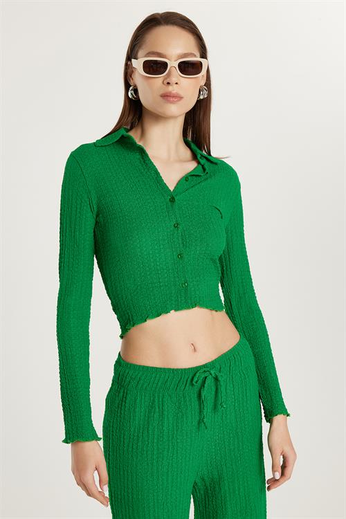 Kadın Slim Fit Dar Kesim Uzun Kollu Dokulu Yeşil Gömlek