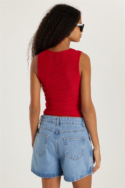 Kadın Slim Fit Sıfır Kol Düz Bisiklet Yaka Kırmızı Bluz