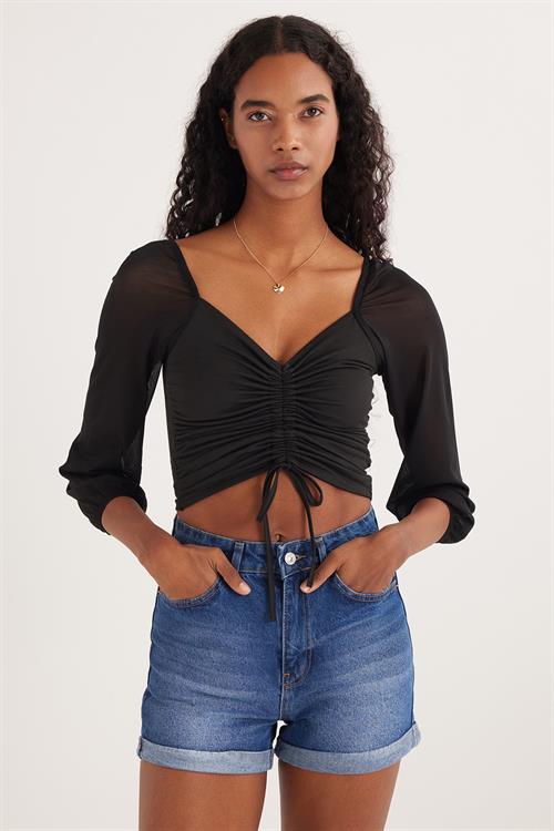 Kadın Slim Fit Dar Kesim Uzun Kollu Büzgülü Siyah Bluz