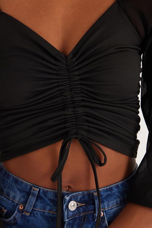 Kadın Slim Fit Dar Kesim Uzun Kollu Büzgülü Siyah Bluz